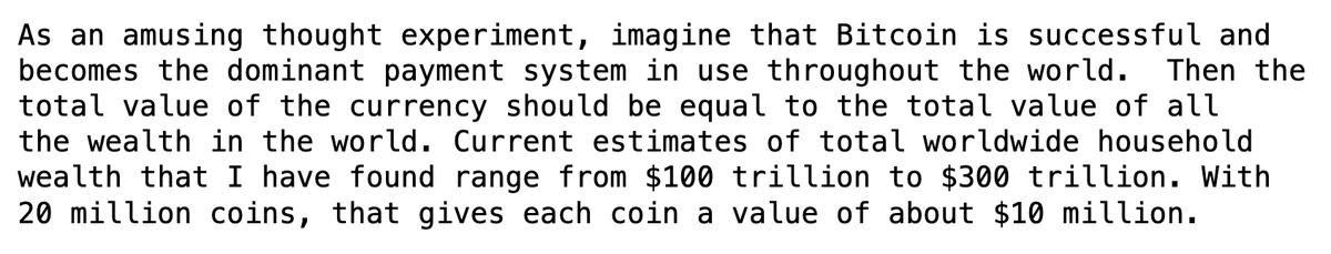 adam3us's tweet photo. @halfin, the original #bitcoin hyper-bull on 10th jan 2009, 1 day after the bitcoin network started running. $10mil/bitcoin, $200 trillion market cap addressable market. https://t.co/8tckymIibk