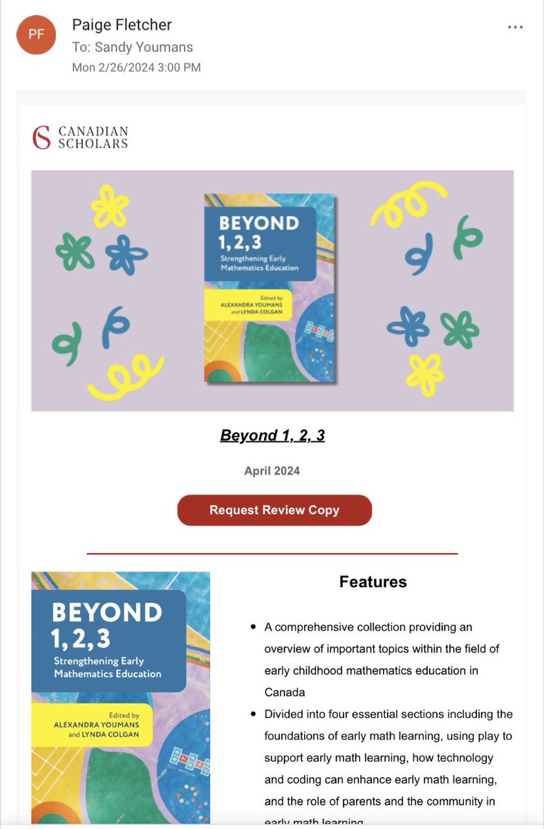 How exciting to get this email in my inbox today! Beyond 1, 2, 3 offers invaluable practical support from my amazing early math colleagues. If you are interested, feel free to request a review copy here canadianscholars.ca/book/beyond-1-…