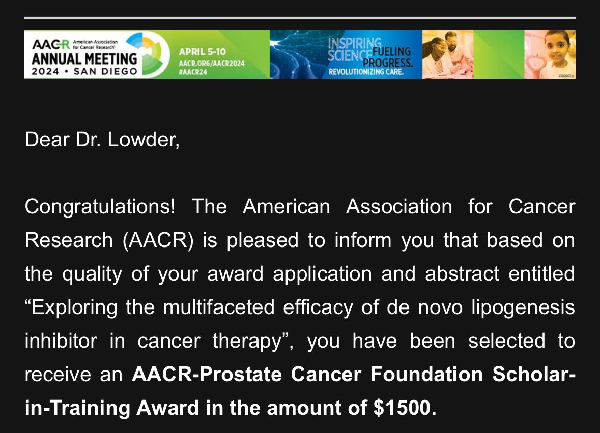 Kaochar2's tweet photo. Proud PI moment 🚨 “Mushu moment”
Graduate student (Cancer Cell Biology program) @LowderDallin was selected for the AACR-Prostate Cancer Foundation Scholar-in-Training Award 👏👏👏@AACR @PCFnews @PCF_Science @AACR_CEO @BCMDeptMedicine @bcmhouston @nelsondl https://t.co/a7GH7YqiFu