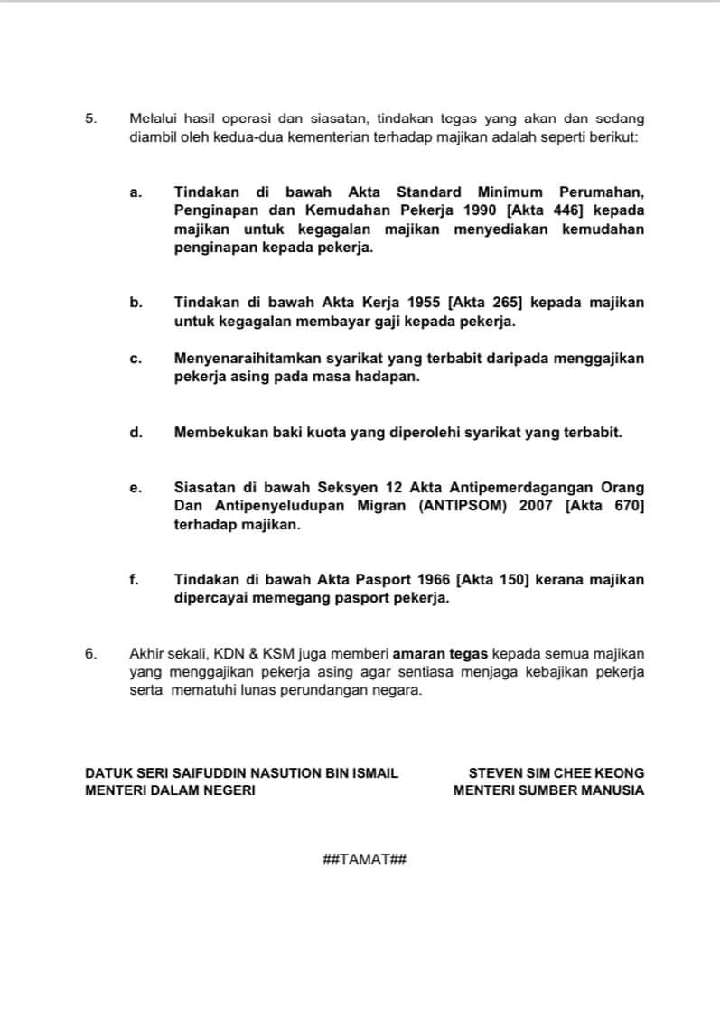 KENYATAAN MEDIA MENTERI DALAM NEGERI &amp; MENTERI SUMBER MANUSIA - KES PEKERJA ASING TERABAI DI CHERAS:KDN, KSM AKAN AMBIL TINDAKAN KERAS TERHADAP MAJIKAN

#KeselamatanTanggungjawabBersama
#MalaysiaMadani

facebook.com/share/p/aZziqU…