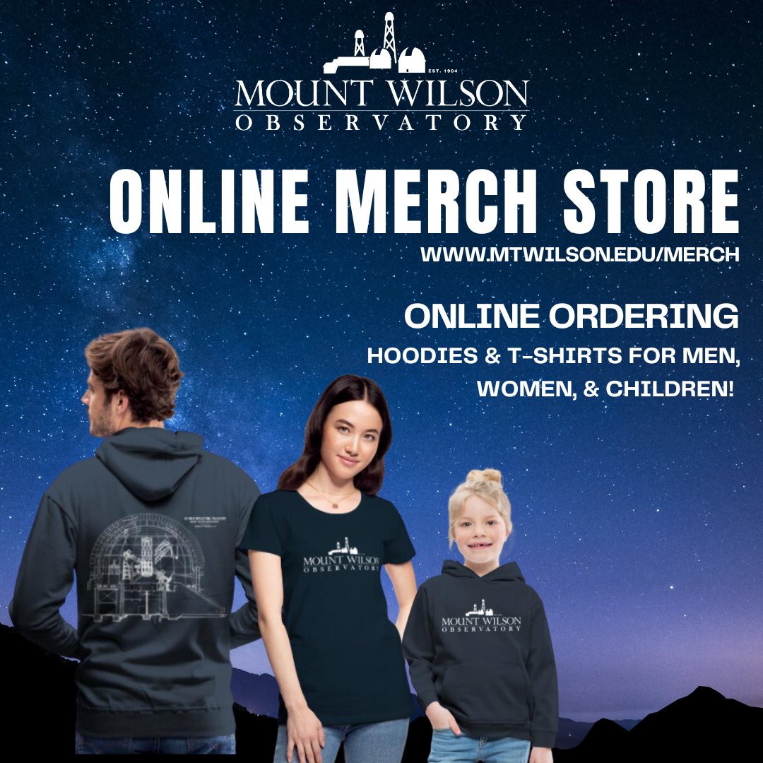 Show your support for the Observatory with one of our cozy hoodies or sturdy t-shirts! All purchases support the our mission of managing and promoting the Observatory for scientific research, historic preservation, education, public engagement, & the arts. mtwilson.edu/merch/