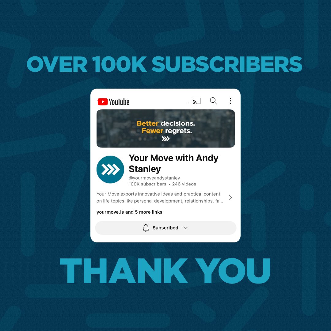 Wow! The Your Move YouTube channel now has over 100,000 subscribers. 🎉 This ride has been incredible, and we have each one of you to thank. Thank you for watching, sharing, and letting us be part of your journey to make better decisions and live with fewer regrets.