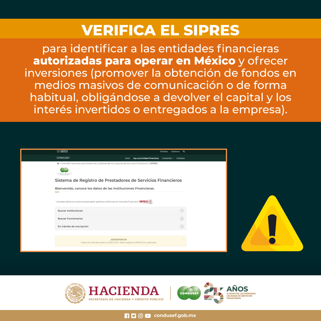 CondusefMX's tweet photo. 🚨🚨 Alerta #CONDUSEF 🚨🚨
𝗔𝗻𝘁𝗲𝘀 𝗱𝗲 𝗶𝗻𝘃𝗲𝗿𝘁𝗶𝗿 identifica si la institución financiera está registrada en el 𝗦𝗜𝗣𝗥𝗘𝗦 de #CONDUSEF y consulta sus #TerminosyCondiciones https://t.co/vg7fWVk4p3