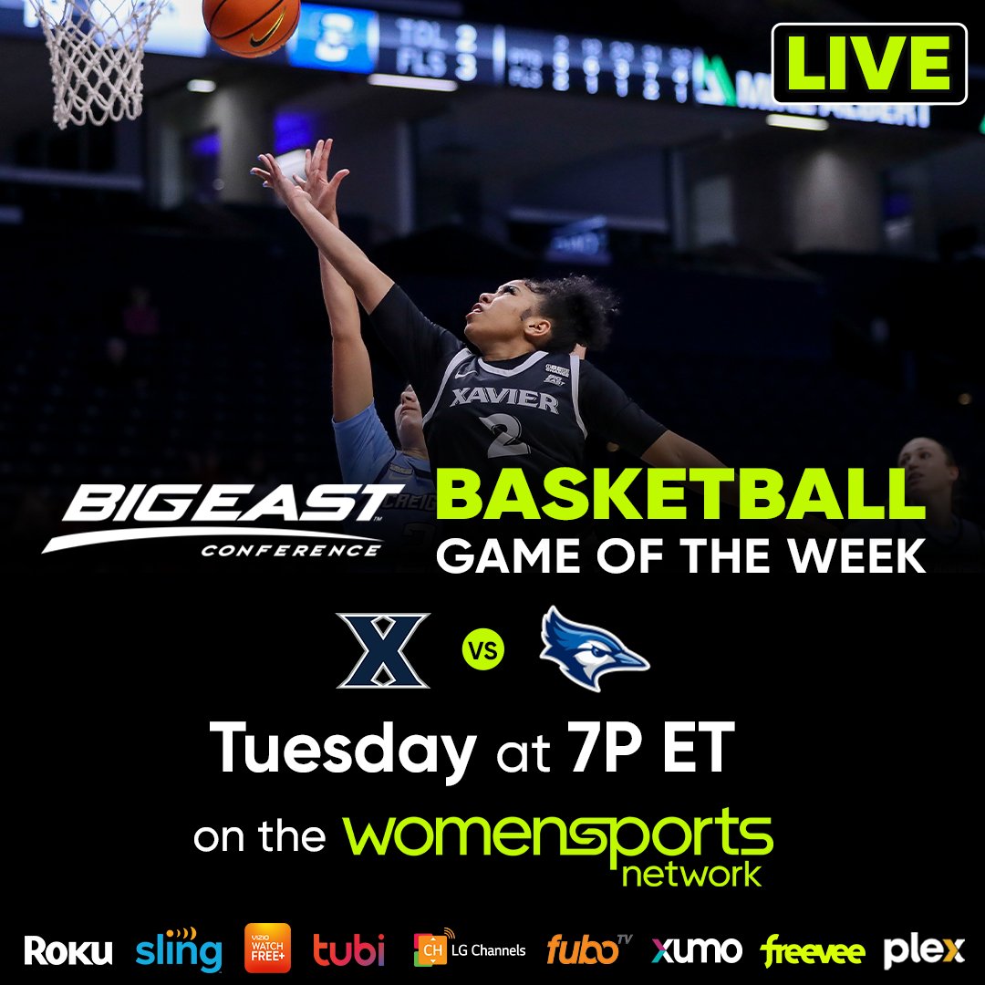 Attention! Our @BigEast Basketball Game of the Week is this Tuesday! Tune in to the Women’s Sports Network Tuesday at 7p ET for game time as the courts heat up between @XavierWBB and @CreightonWBB