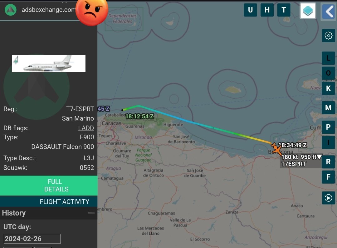 Arr3ch0's tweet photo. El jet de ultra lujo del régimen, #T7ESPRT, llegó de La Habana y salió rumbo a Barcelona, ya tiene 5 horas en la Base Aérea Militar Ttte Luis Del Valle García listo para salir. En la imagen de la aplicación se aprecian 2 Sukhoi Su-30 https://t.co/m3XXnfYiEE