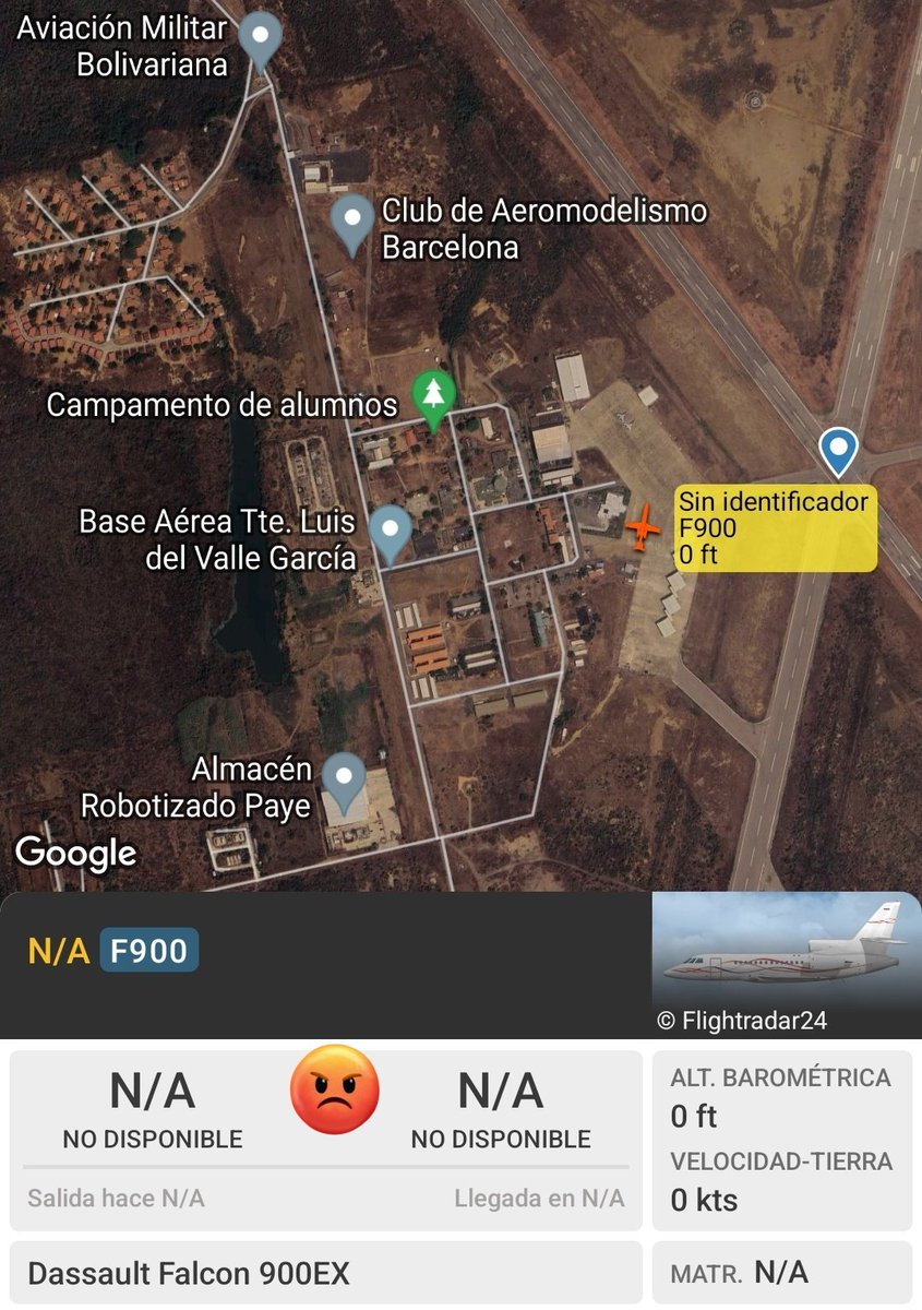 Arr3ch0's tweet photo. El jet de ultra lujo del régimen, #T7ESPRT, llegó de La Habana y salió rumbo a Barcelona, ya tiene 5 horas en la Base Aérea Militar Ttte Luis Del Valle García listo para salir. En la imagen de la aplicación se aprecian 2 Sukhoi Su-30 https://t.co/m3XXnfYiEE