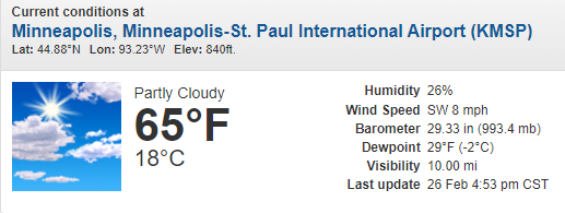 NWSTwinCities's tweet photo. We reached 65 °F in the Twin Cities this afternoon, which breaks the previous record high of 64 °F set in 1896. 

65 °F also sets a new record for the all-time warmest February temperature.

(Records in the Twin Cities go back to 1872)
#mnwx https://t.co/PpbfpMl0Rn