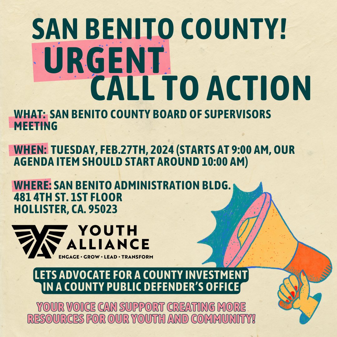🚨 URGENT CALL TO ACTION! 🚨 📢 🗣 San Benito County, join us to #Advocate for #CountyInvestment Use YOUR VOICE to support creating more resources for our youth & community! #CallToAction #YourVoiceMatters #MoreResources #ForYouth #ForOurCommunity #SanBenitoCounty