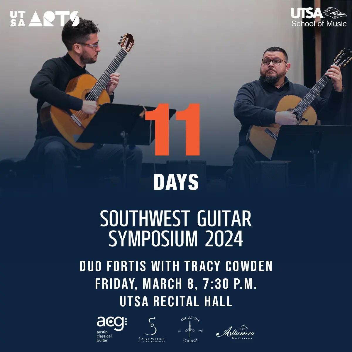 UTSAmusic's tweet photo. The countdown is on! UTSA Music Festivals are back on campus this weekend! We're looking forward to hosting concerts and masterclasses from guest, faculty, and student artists at New Music Festival and the Southwest Guitar Symposium #BirdsUp ๐ค๐ผ #UTSAMusic https://t.co/CxytM6L368