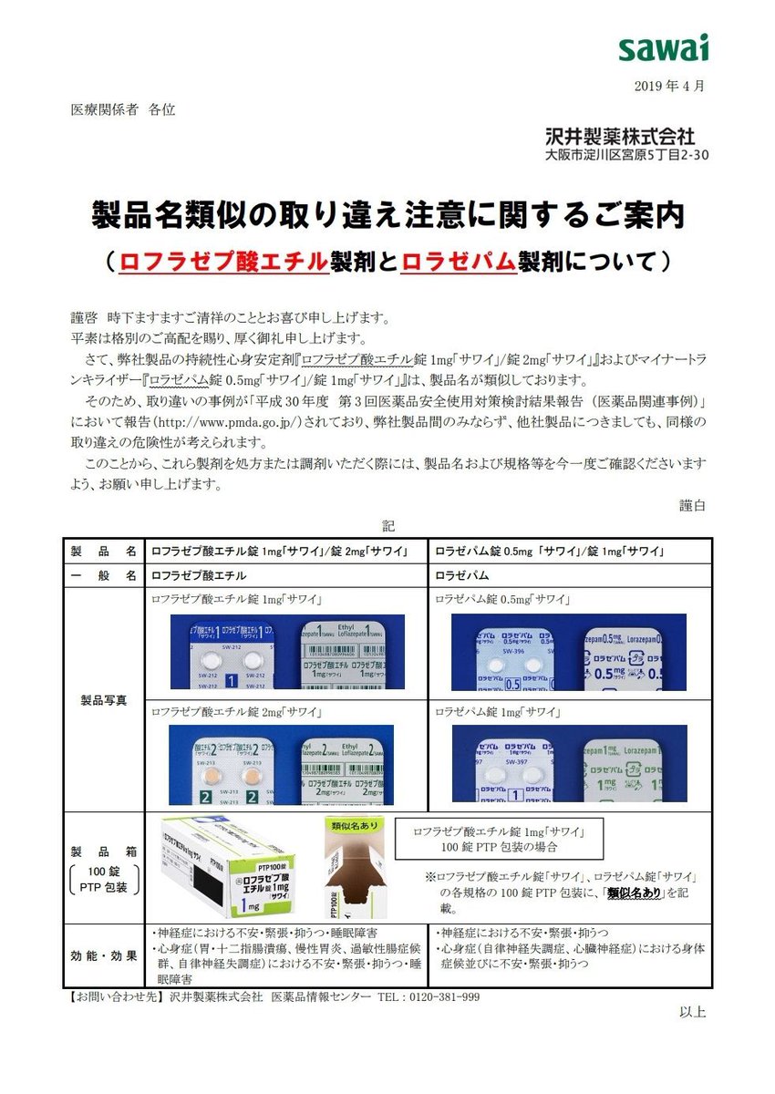 新人薬剤師用
ロフラゼプとロラゼパムの違い

名前が類似していて共にベンゾジアゼピン系のためミスが起きやすい！

☑️ロフラゼプ(メイラックス)
超長時間型(半減期：100時間以上)
細粒の剤形がある

☑️ロラゼパム(ワイパックス)
中間型(半減期：12時間)
相互作用少ない

沢井製薬で注意喚起あり⚠️