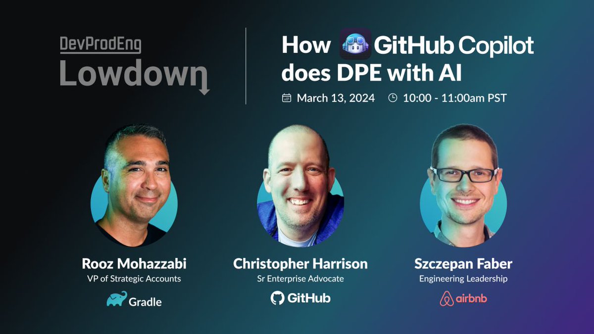 DevProdEng Showdown! (@dpeshowdown) on Twitter photo Next DPE Lowdown we chat with <a href="/GeekTrainer/">Christopher Harrison</a> about how Copilot does DPE w/ AI. Szczepan Faber from <a href="/AirbnbEng/">Airbnb Engineering</a> will share their wins from Copilot as well. Sign up and join us
gradle.com/dpe-lowdown/gi… Next DPE Lowdown we chat with <a href="/GeekTrainer/">Christopher Harrison</a> about how Copilot does DPE w/ AI. Szczepan Faber from <a href="/AirbnbEng/">Airbnb Engineering</a> will share their wins from Copilot as well. Sign up and join us
gradle.com/dpe-lowdown/gi…