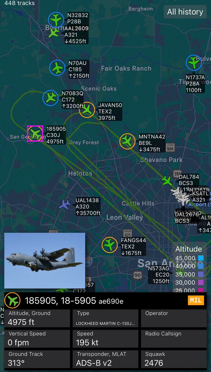 SATXAirWatch's tweet photo. @edysonwins Apologies for the late response. I did see it. It was an AC-130 gunship doing some pattern work at KSKF Kelly Field and landed at KSAT. Thanks for the heads up! https://t.co/Xlq6BJagMN