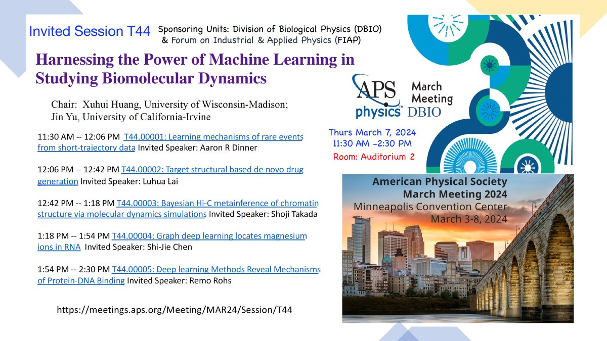 APS meeting just one week away! Join <a href="/JinYuComBiophys/">Jin Yu</a> and me for exciting talks on machine learning in biomolecular dynamics <a href="/ApsDbio/">APS Division of Biological Physics</a> by Aaron Dinner <a href="/UChiChemistry/">UChicago Chemistry</a>, Luhua Lai <a href="/PKU1898/">Peking University</a>, Shoji Takada <a href="/KyotoU_News/">Kyoto University</a>, Shi-Jie Chen <a href="/MizzouAandS/">Mizzou College of Arts & Science</a>, and <a href="/RemoRohs/">Remo Rohs</a>!
meetings.aps.org/Meeting/MAR24/…