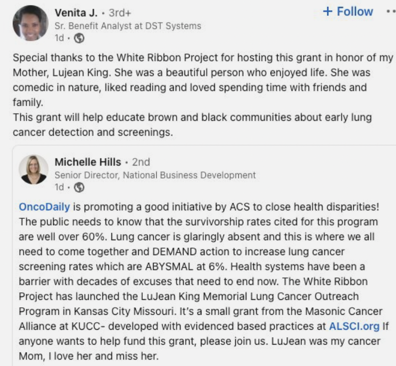 We're proud to launch the Lujean King Memorial LC Outreach Program in KC, MO. This grant from @MasonicCancer will provide education about early LC detection & screening to brown & black communities. Working w/stakeholders w/clear goals➡️action➡️lives saved #healthequity