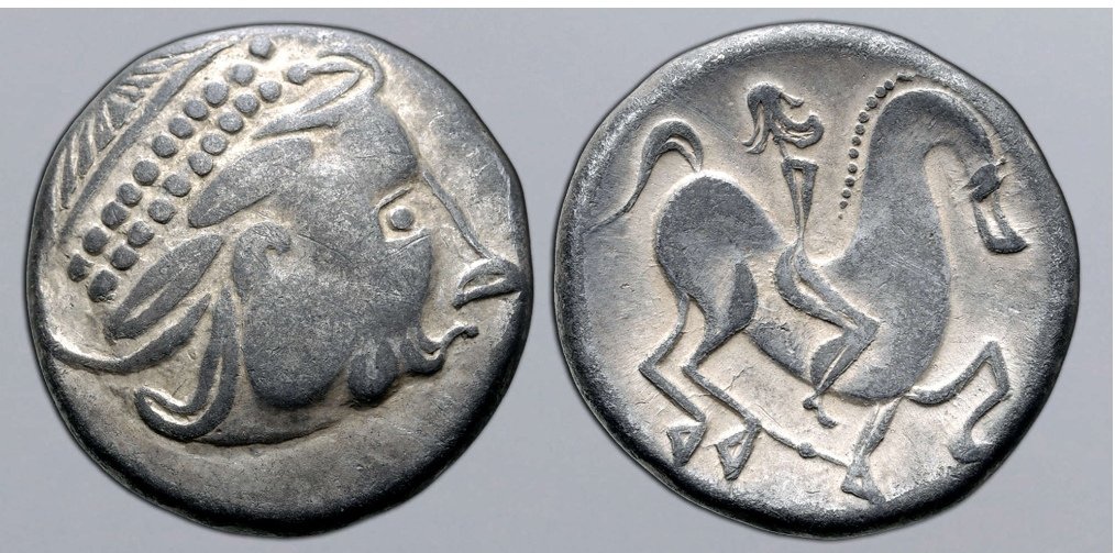 Celts in Eastern Europe AR Tetradrachm. Kinnloser Type. Circa 2nd - 1st century BC. Stylised, pearl-diademed and bearded head to right / Stylised rider on horseback to right; fetter below.

#coin #antique #bactrian #greekcoins #romancoin #byzantine #romancoins #coinscollector