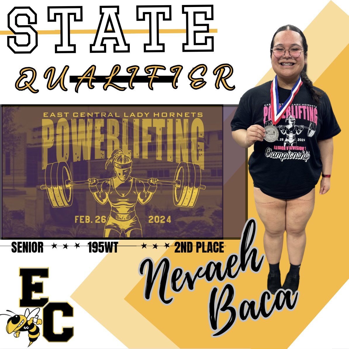_ECAthletics's tweet photo. Congratulations to our State Qualifier Nevaeh Baca 🥈 - 195 WT Class! @_ECPowerlifting @ArriolaSuzette @ECISDtweets @booster_ec https://t.co/YFJG8hMHLm