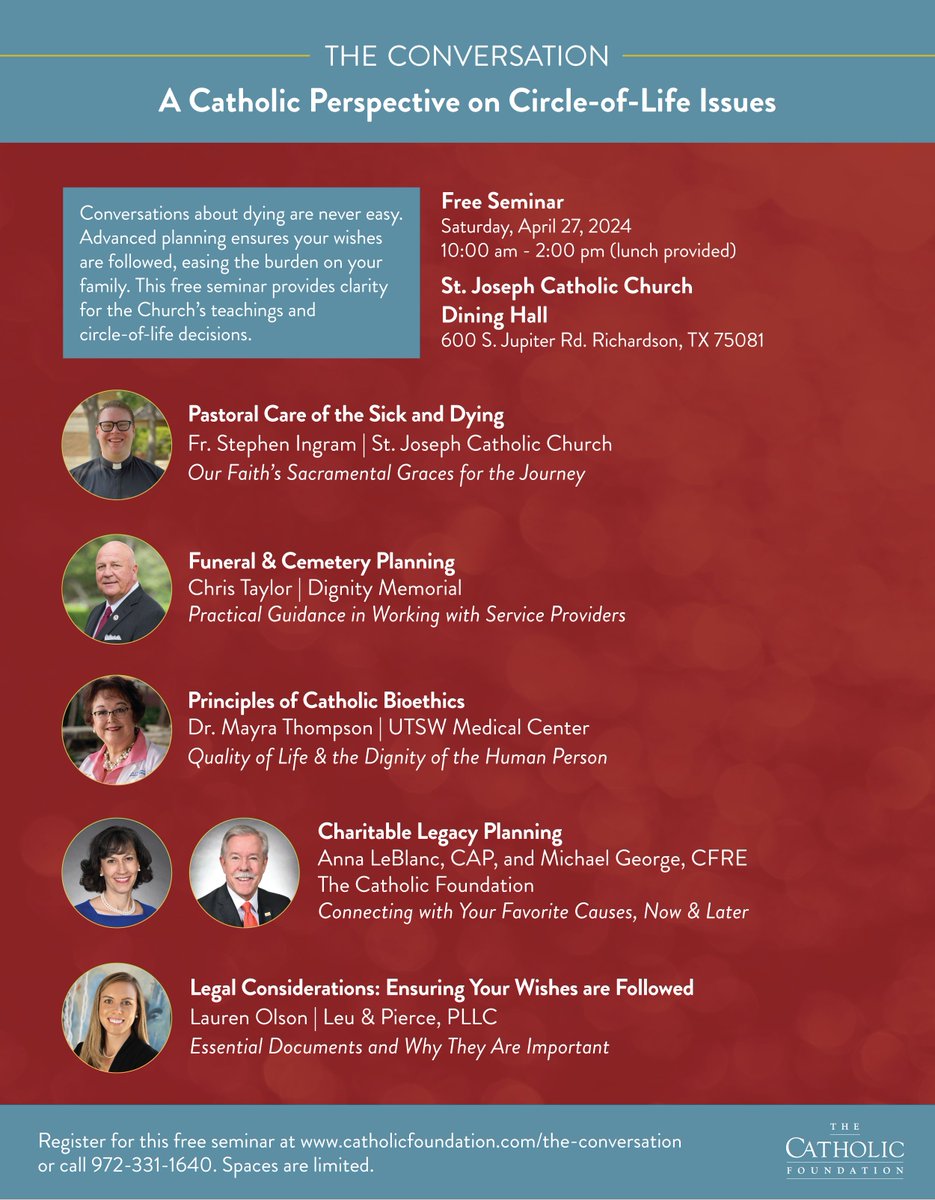 CatholicFnd's tweet photo. All are invited to a free seminar on Saturday, April 27 from 10 am to 2 pm involving advance planning for important end-of-life issues from a Catholic perspective.
 
The free #CircleOfLife seminar will take place at @stjoerichardson.

Details &amp; RSVP: https://t.co/hq1UZ2tauj https://t.co/qXePiJkqTv