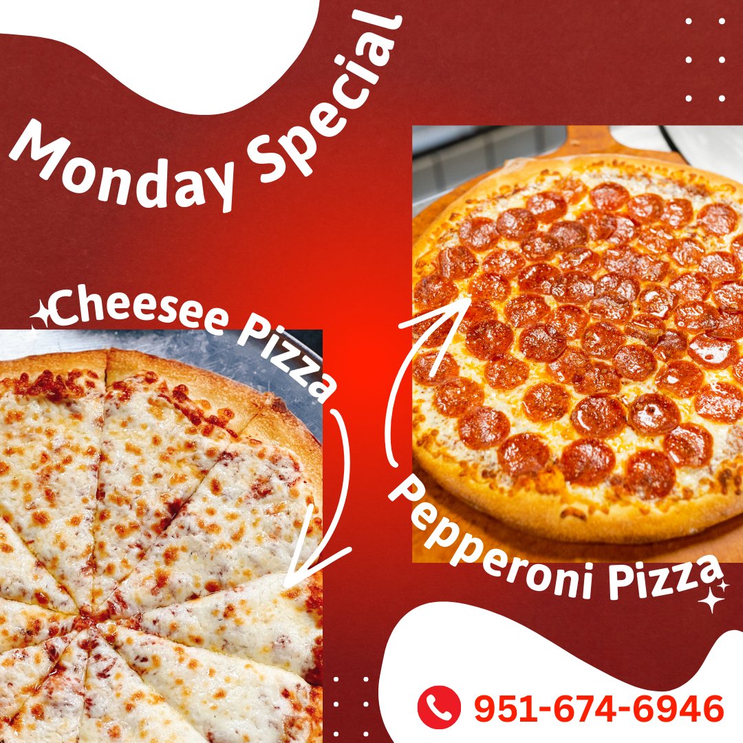 mbpizza1's tweet photo. 🍕Spice up your Mondays with our special deals. Dine in or take out our large cheese pizza for just $13 or our irresistible large pepperoni pizza for $15 only. Call us at 951-674-6946 for a quick take-out 🥳 #LakeElsinore #pizzas #wings #fun #Monday #deals #dinner #yummy #SoCal https://t.co/7Zd5lOITwj