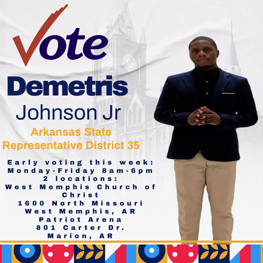 CouncilmanJr's tweet photo. Early voting starts 8am- 6pm locations 1 patriot Dr Marion. 1600 N. Missouri st west Memphis Ar 723301
Cast your vote beginning February 20th - march 4th ❤️💙🤍 vote councilman Demetris Johnson. https://t.co/sLXMC1XgmK