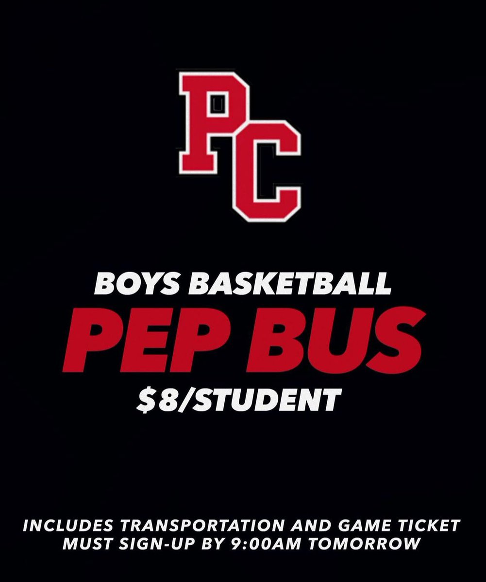 🚨PCHS STUDENTS🚨

If you want to come out to the game and support, sign up for the pep bus. You will be taken to and from NCHS.