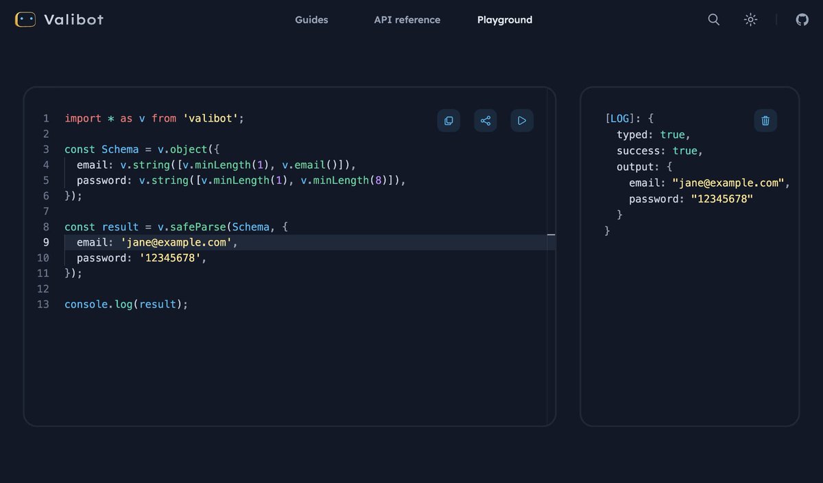 I am excited to announce the new @valibot playground! Write, test and share your Valibot schemas right in your browser. Big shout out to @modderme123 for helping me implement Monaco, the editor that powers VS Code. valibot.dev/playground/