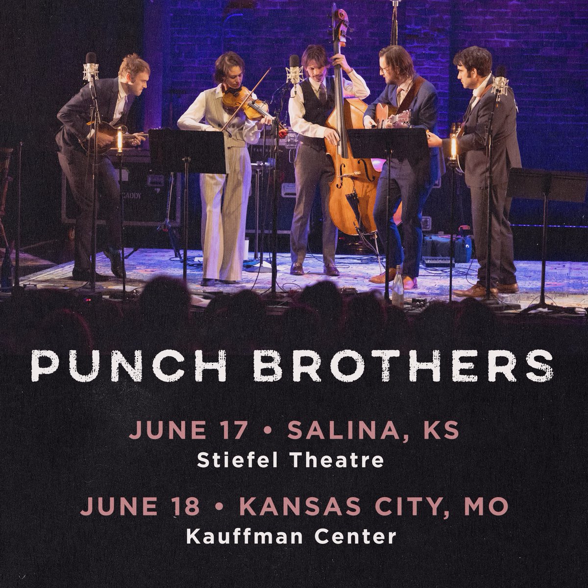 Punch Brothers will play two shows on the road to Telluride Bluegrass Festival — Salina, KS and Kansas City, MO. Limited pre-sale tickets go on sale tomorrow at 10a CT. Sign up to receive the code at punchbrothers.com. General on-sale begins this Friday. -PB HQ