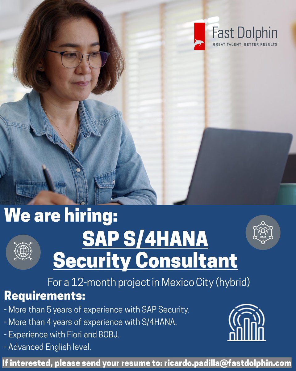 Send your resume to: ricardo.padilla@fastdolphin.com or refer a friend and receive US$300 for a successful referral!
#sap #s4hana #consultant #sapsecurity #itjobs #hiring #MexicoCity 
More information: fastdolphin.com/vacante/?ident…