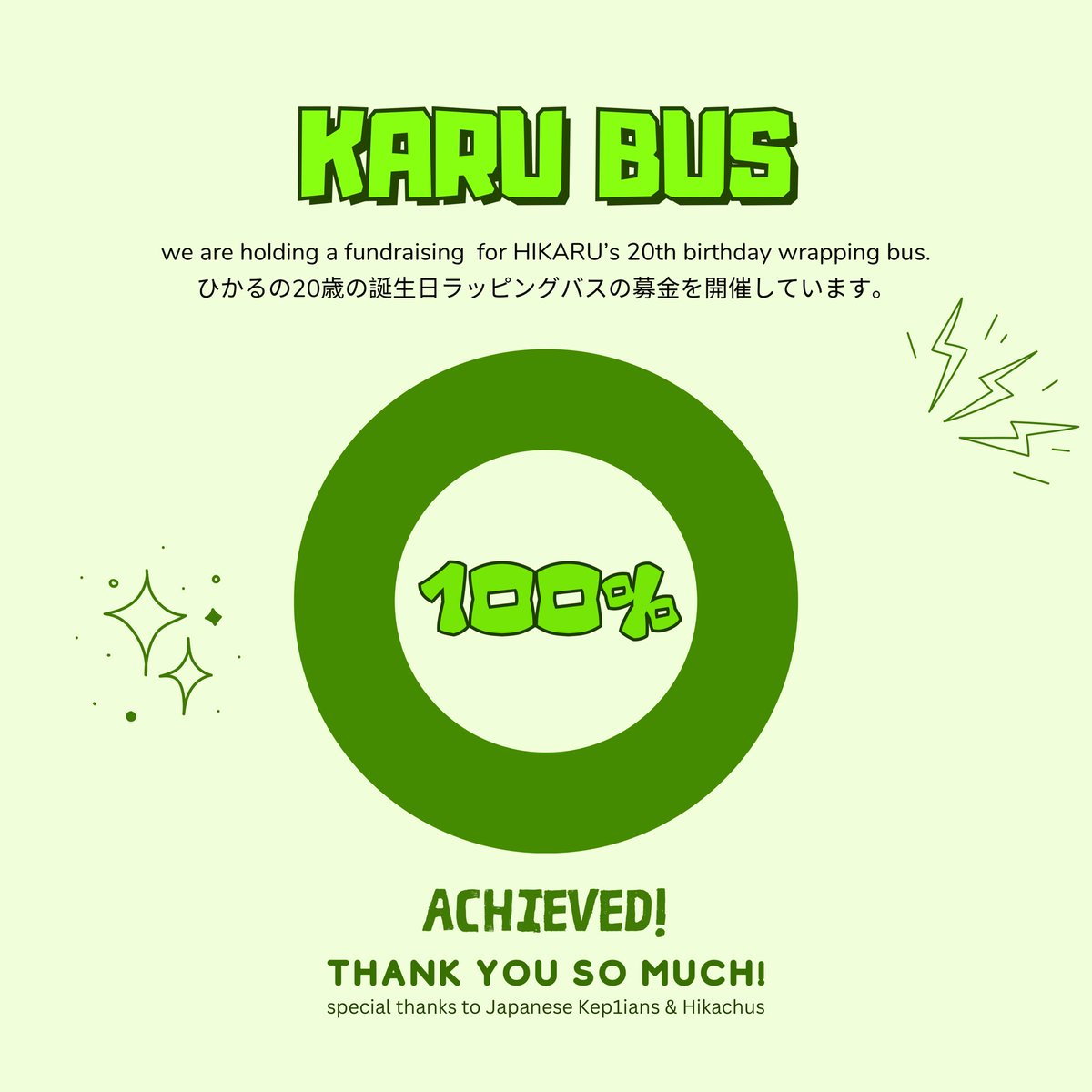 BUSKARU's tweet photo. we have achieved the main goal 💚 thank you so much to those who participated and supported this project. special thanks to japanese hikachus 👽💚 https://t.co/wZ0rSvjRUe