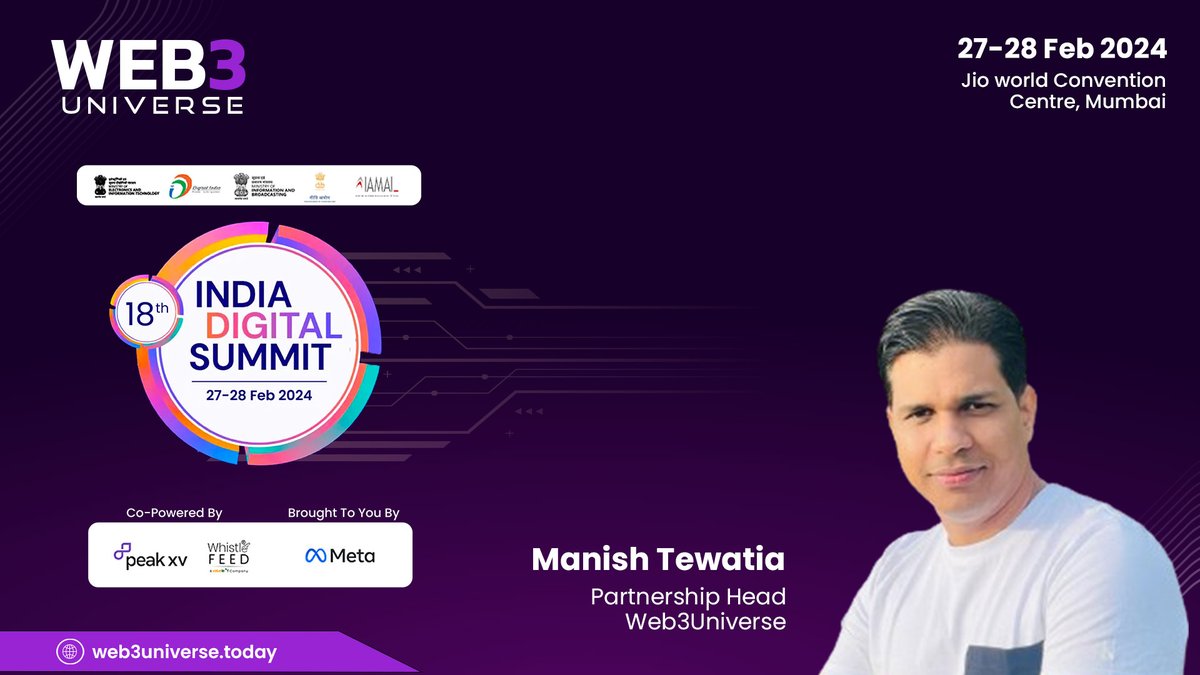mtewatia's tweet image. The countdown begins! Only a few hours left until the #IDS2024, India’s largest and oldest digital forum. I can’t wait to share @UniverseOfWeb3, a premier hub for Web3 world. #Web3Universe  #IndiaDigitalSummit #DigitalExtravaganza #Innovation #DigitalIndia #ThoughtLeadership
