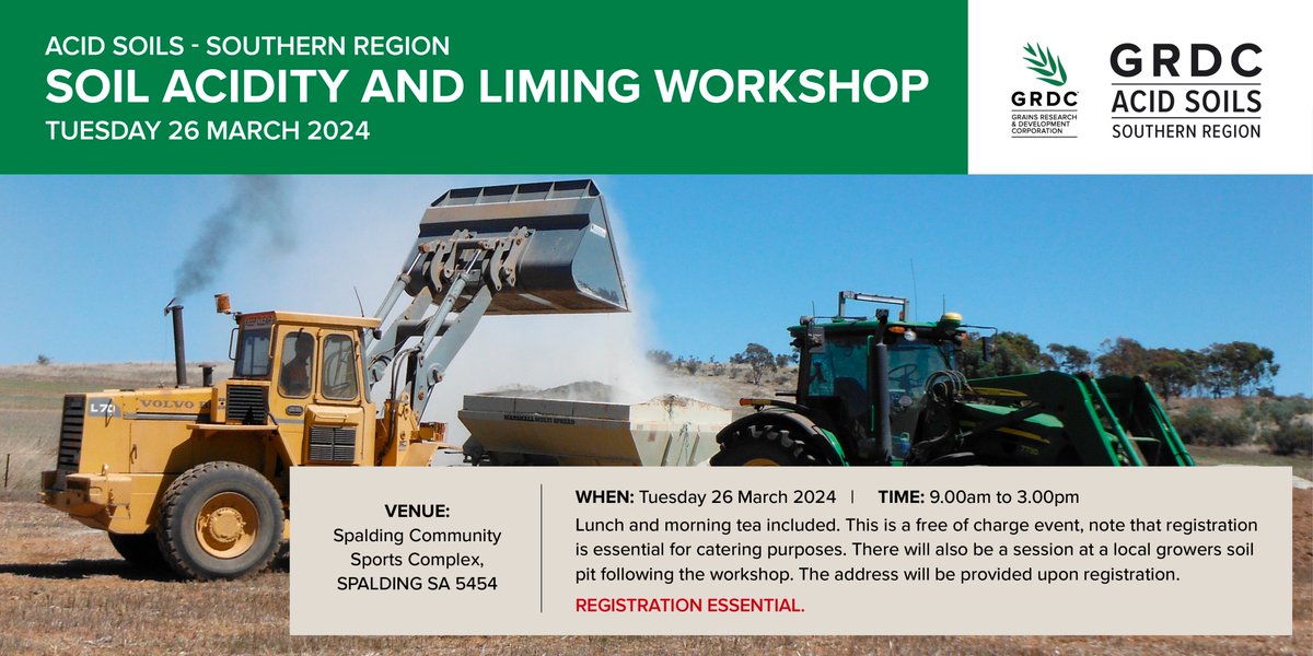 AgCommunicators's tweet photo. REGISTER NOW for the Spalding Acid Soils Workshop. This will explore the management of surface &amp; subsurface acidity, soil pH mapping, NDVI, lime rates and source, &amp; review liming management strategies for 2024. Register at: https://t.co/63Axl3CAx2 https://t.co/RLR2y6S2sF