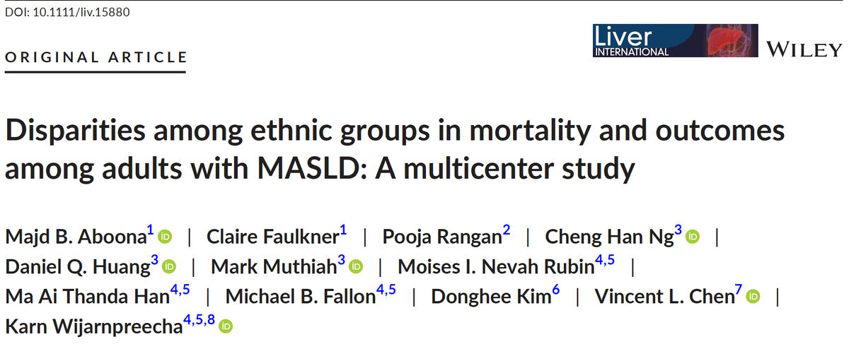 KarnJUVE's tweet photo. 🚨Check out our paper in @LiverInt 
Racial disparity in MASLD from @BannerHealth cohort🏥
⬆️Prevalence cirrhosis, DM in Hispanic, Native American (NA)
⬆️Mortality, Liver events in Hispanic, NA, and Black
Great job @MajdAboona @ClaireSFaulkner #livertwitter https://t.co/Z8ClRYVZQi