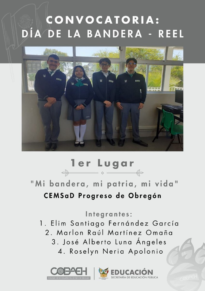 COBAEH_HGO's tweet photo. Con #OrgulloCOBAEH felicitamos a las y los ganadores del concurso conmemorativo al #DíaDeLaBandera
🥇CEMSaD Progreso
🥈Plantel Zimapán
🥉CEMSaD Xochiatipan 
#COBAEHNadaNosDetiene
#SerJaguarEsCreatividad https://t.co/jl7PHgTzX6