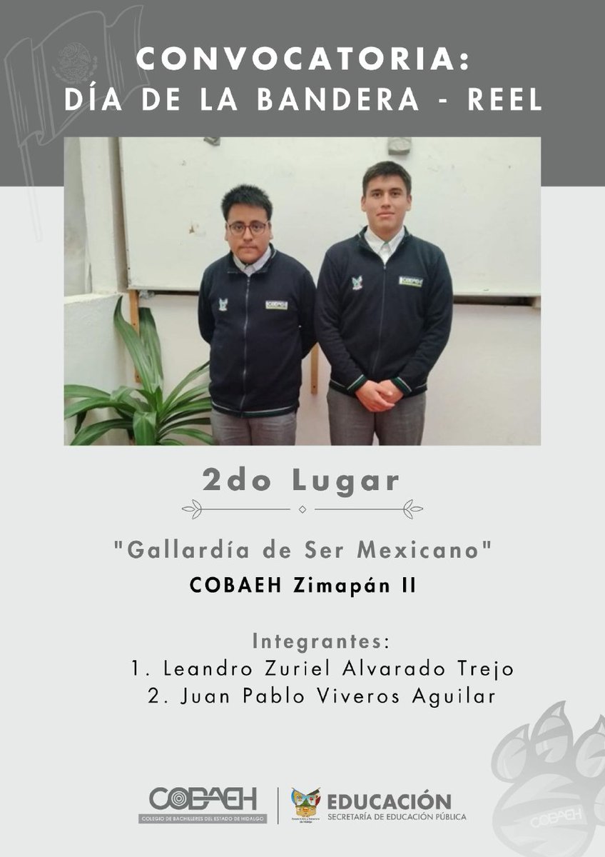 COBAEH_HGO's tweet photo. Con #OrgulloCOBAEH felicitamos a las y los ganadores del concurso conmemorativo al #DíaDeLaBandera
🥇CEMSaD Progreso
🥈Plantel Zimapán
🥉CEMSaD Xochiatipan 
#COBAEHNadaNosDetiene
#SerJaguarEsCreatividad https://t.co/jl7PHgTzX6