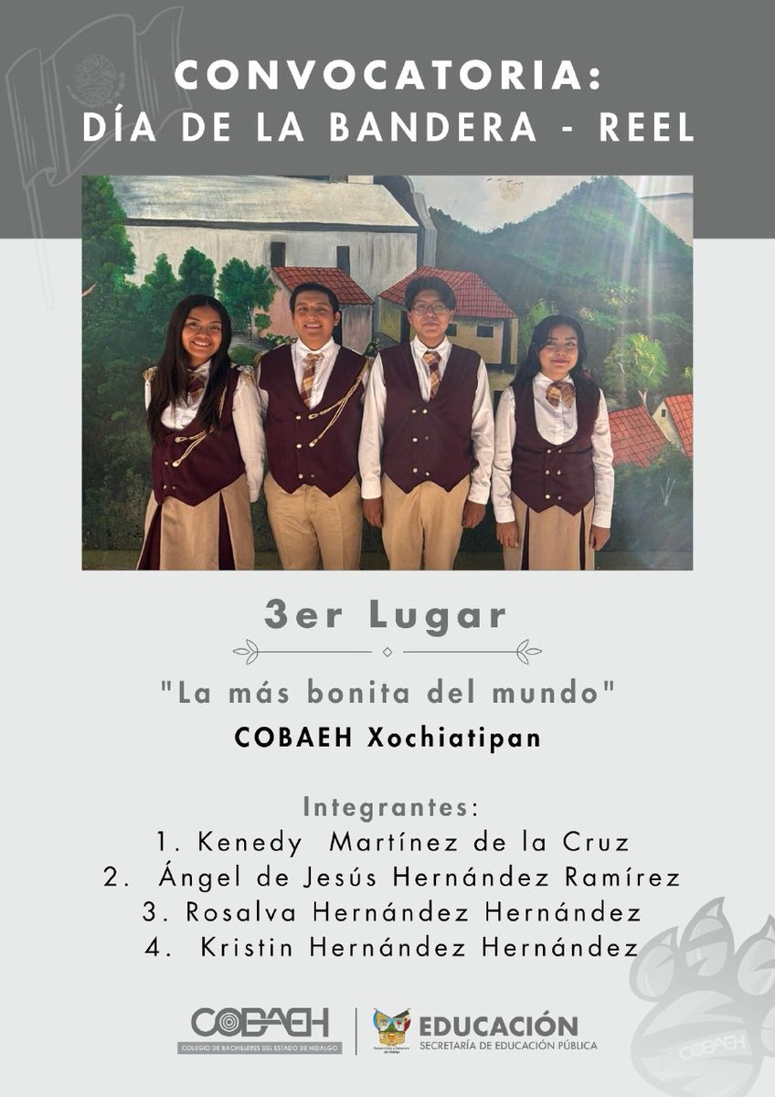 COBAEH_HGO's tweet photo. Con #OrgulloCOBAEH felicitamos a las y los ganadores del concurso conmemorativo al #DíaDeLaBandera
🥇CEMSaD Progreso
🥈Plantel Zimapán
🥉CEMSaD Xochiatipan 
#COBAEHNadaNosDetiene
#SerJaguarEsCreatividad https://t.co/jl7PHgTzX6