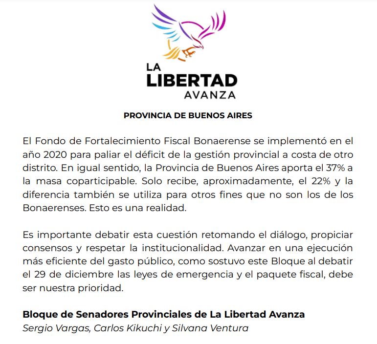 Comunicado del Bloque de Senadores provinciales de La Libertad Avanza integrado por Sergio Vargas, Carlos Kikuchi y Silvana Ventura.