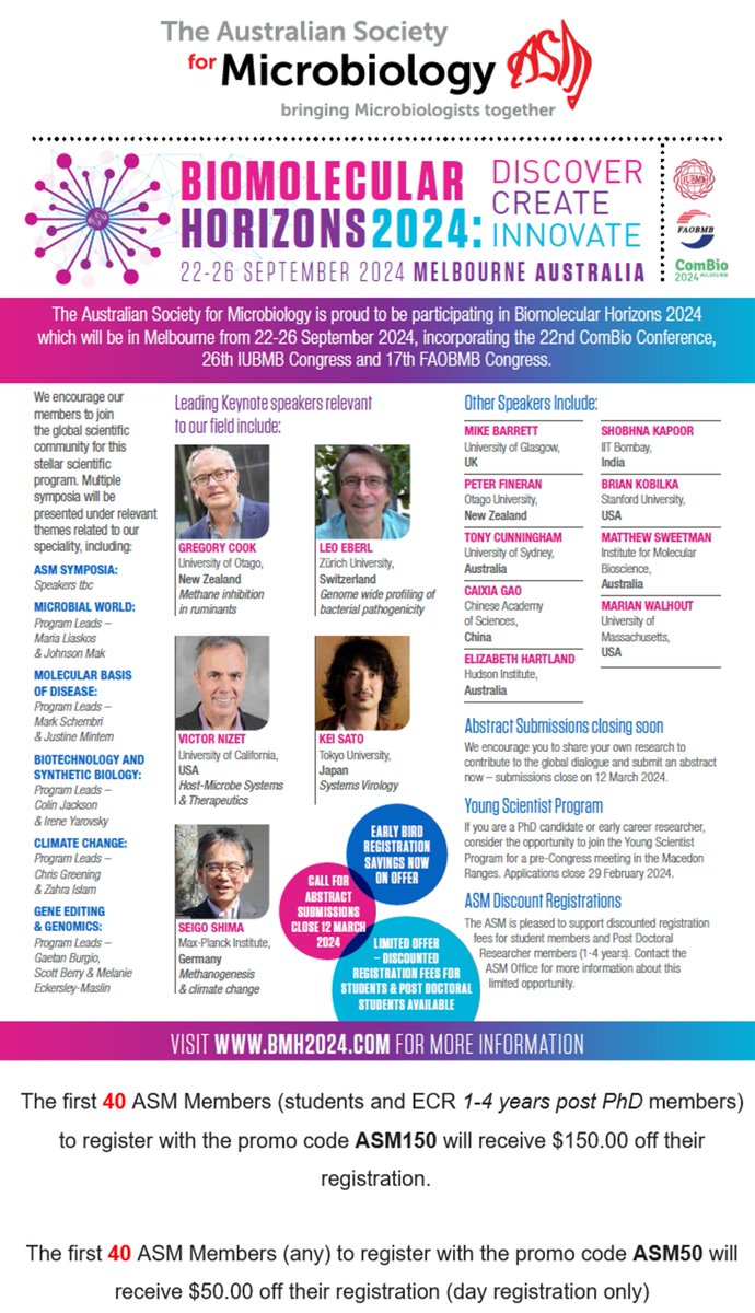 ASM (@aussocmic) on Twitter photo We are excited to give you a sneak peek of some of the microbiology to be featured at <a href="/bmh2024Melb/">Biomolecular Horizons 2024</a> .
12 microbiology symposia including a special ASM Symposium session.
Check out the lineup of stellar microbiologists below. We are excited to give you a sneak peek of some of the microbiology to be featured at <a href="/bmh2024Melb/">Biomolecular Horizons 2024</a> .
12 microbiology symposia including a special ASM Symposium session.
Check out the lineup of stellar microbiologists below.