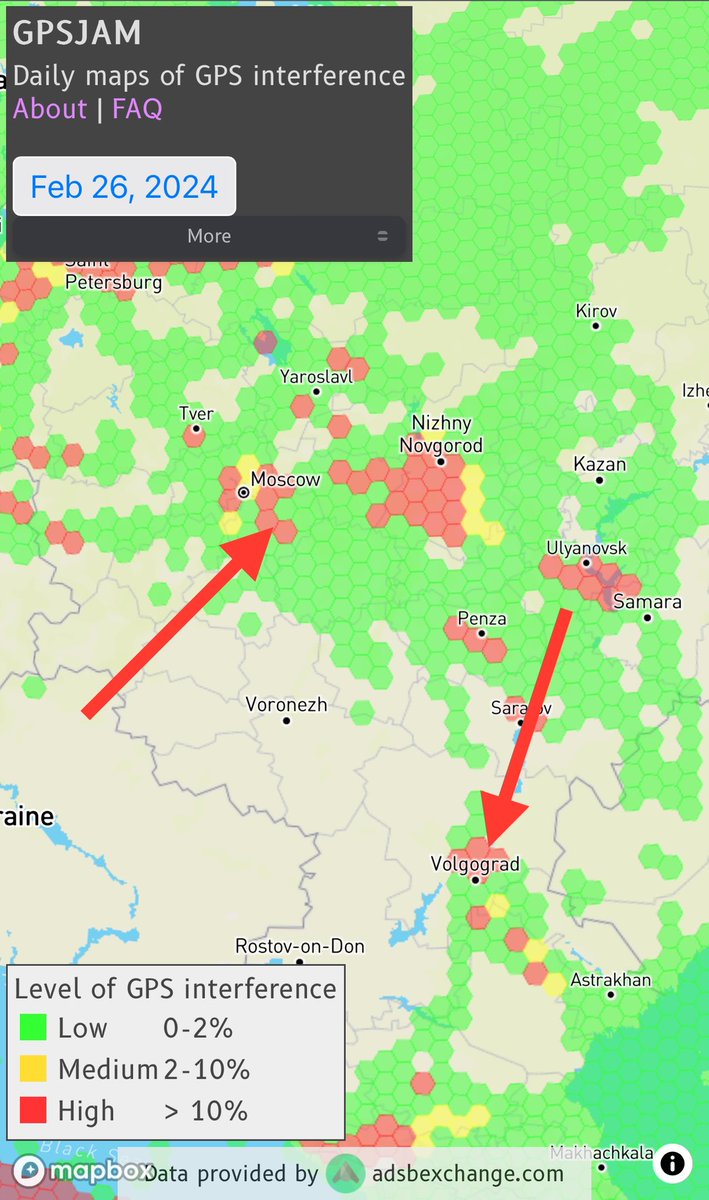 ClarkKe49569692's tweet photo. Prior flights show the same loss of tracking between #Volgograd and #Moscow.

GPS Jamming can be seen around Volgograd, and Moscow.

#51007F - EW-399PO https://t.co/2p6x78lZnW