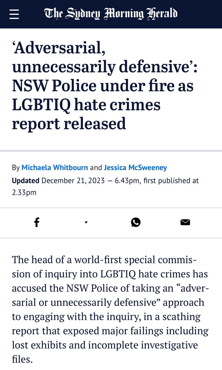 sallyrugg's tweet photo. This flippant dismissal from commissioner Karen Webb is telling.

Criticism of NSW police treatment of LGBTIQ isn’t “haters gonna hate”

It was just weeks ago the historic Special Comm of Inquiry into LGBTIQ hate crimes released scathing condemnation of NSW police: https://t.co/ExuZZtmQlC