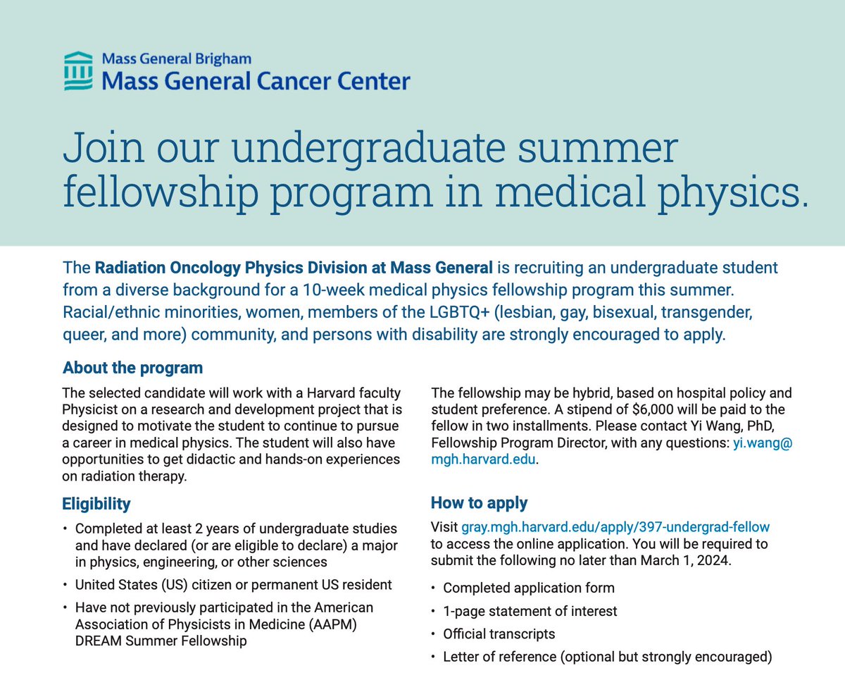 Claire Park (@clairekspark) on Twitter photo ⚡️Last chance to apply to the <a href="/MGHCancerCenter/">Mass General Cancer Center</a> 2024 Undergraduate Summer Fellowship in Medical Physics 🚀
Students from diverse backgrounds are encouraged to apply, deadline is Friday, March 1 📆 shorturl.at/byOZ5 ⚡️Last chance to apply to the <a href="/MGHCancerCenter/">Mass General Cancer Center</a> 2024 Undergraduate Summer Fellowship in Medical Physics 🚀
Students from diverse backgrounds are encouraged to apply, deadline is Friday, March 1 📆 shorturl.at/byOZ5