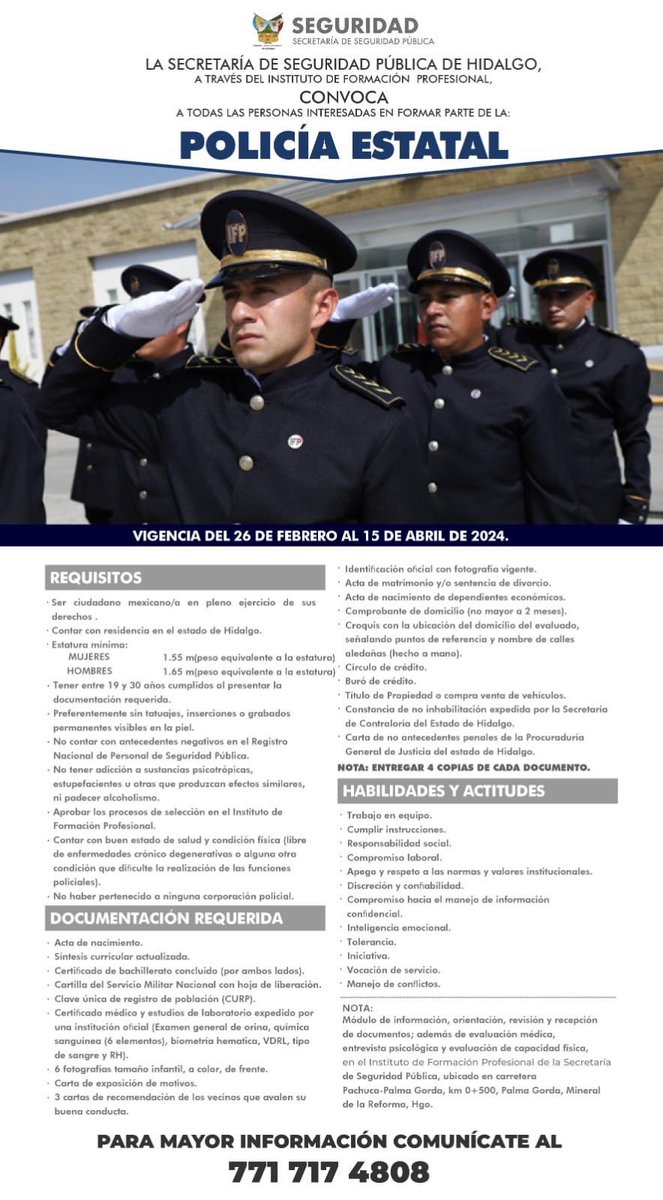SSP_Hidalgo's tweet photo. 👮🏻‍♂️👮🏻🚔 La Secretaría de Seguridad Pública de #Hidalgo, a través del IFP, invita a mujeres y hombres con vocación de servicio a participar en el proceso de reclutamiento y selección para formar parte de la Policía Estatal.

Conoce los requisitos y detalles de la convocatoria. ⬇️ https://t.co/Ddku7GIo4h