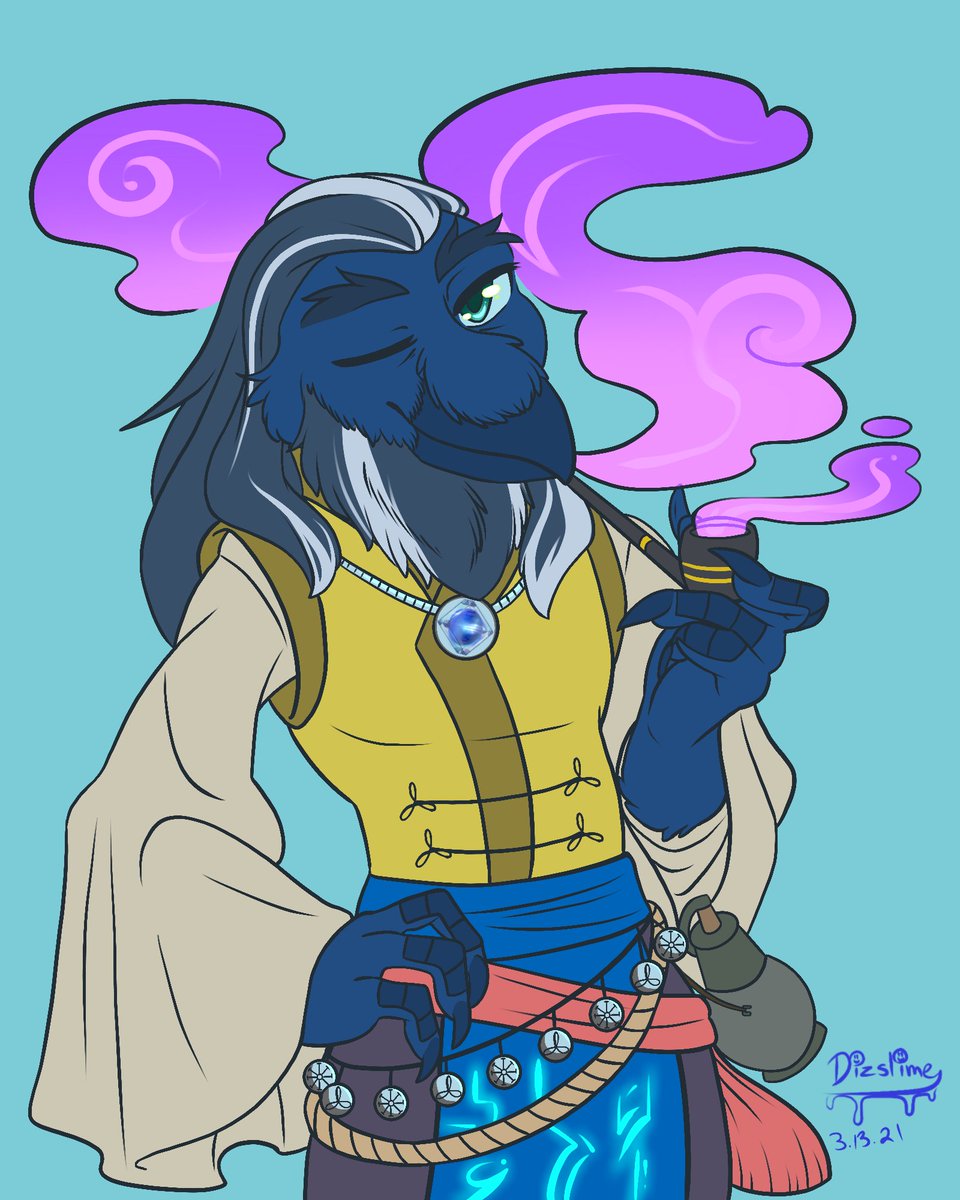 WeRateVTubers's tweet photo. This is Kabaal. (@kabaaltheraven)

RAVEN
very "wandering traveller" outfit that I adore 
that PENDANT
I LOVE THE RUNIC MARKINGS ON THE SKIRTING
the pink smoke!!!

10/10. https://t.co/wwzfE96n0p
