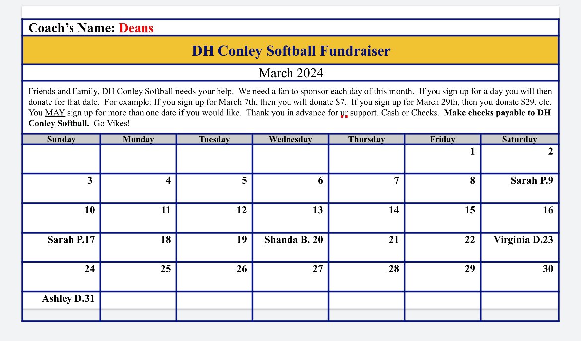 coachdeans's tweet photo. Still needing help filling my calendar. Thank you to all that have already made a donation. This fundraiser supports the D.H. Conley softball program. I have the 1st-8th, 10th-16th, 18th,19th, 21st, 22nd &amp; the 24th-30th still open. https://t.co/qHzd2LrzrQ