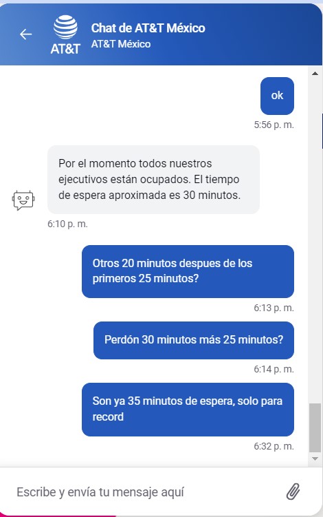 PueblaComparte's tweet photo. En @ATTMx son excelentes con su servicio al cliente... te dicen que la espera es de 25 minutos... ya llevo 35 minutos esperando y ni para cuando... https://t.co/wPOgIyX8FI