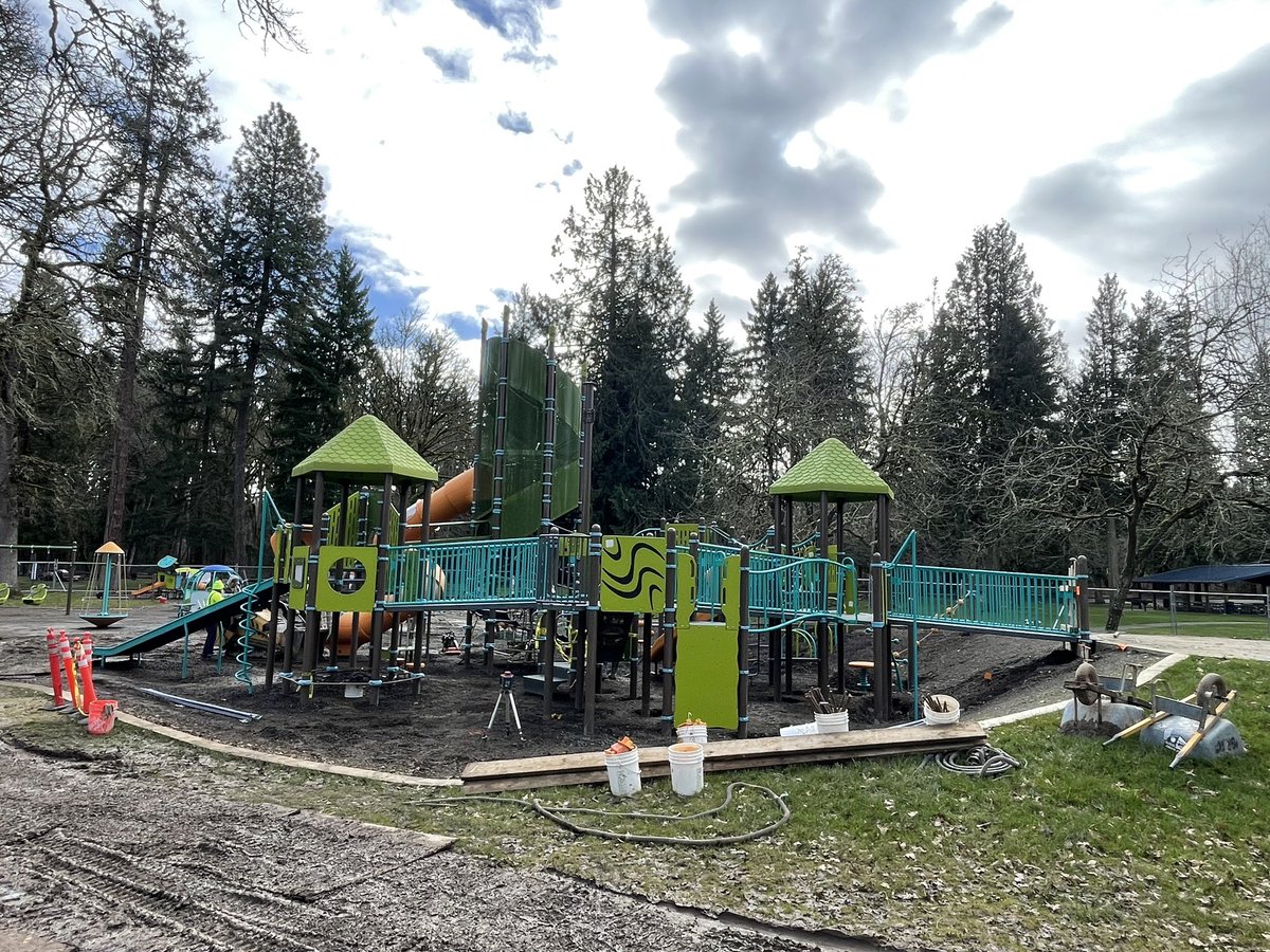 Things are moving along smoothly at the Cook Park Inclusive Playground. They are currently in the process of doing the required safety audit of the installed equipment. Once it has passed, they will start installing the padding and turf. We are getting so close! 
 #Tigardoregon