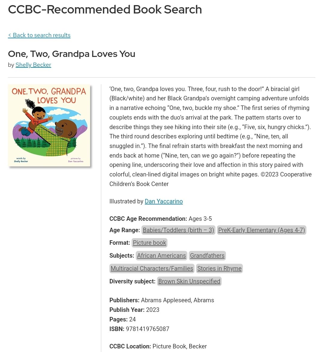 Thrilled that ONE, TWO, GRANDPA LOVES YOU (written by me, illustrated by @DanYaccarino1 ) is on the prestigious annual 2024 CCBC Choices List! Congrats to all the others whose wonderful books were also chosen! @abramskids @HeatherCashman ccbc.education.wisc.edu/literature-res…