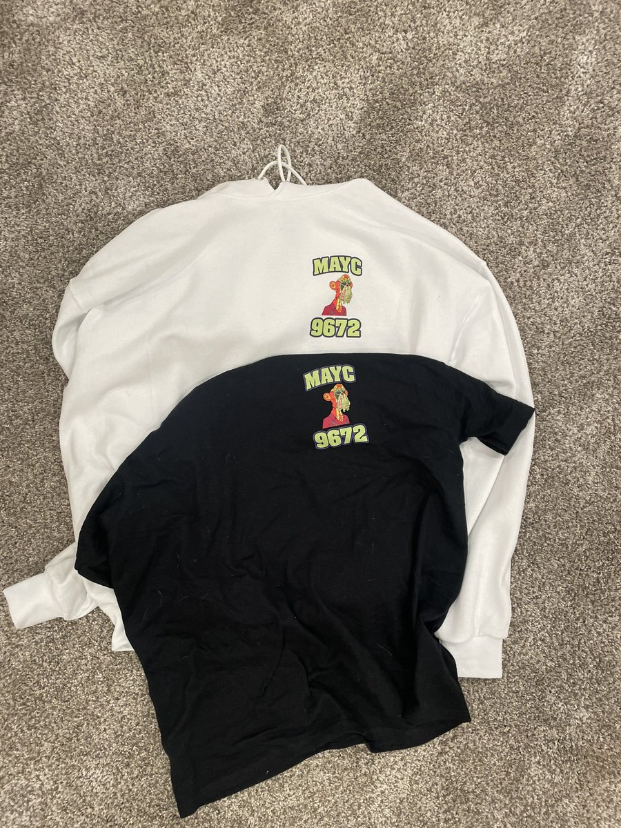I have been in the lab creating. Check these out. I went with the white hoodie to give some early <a href="/BoredApeYC/">Bored Ape Yacht Club 🍌</a> vibes.  My merch game is definitely improving.