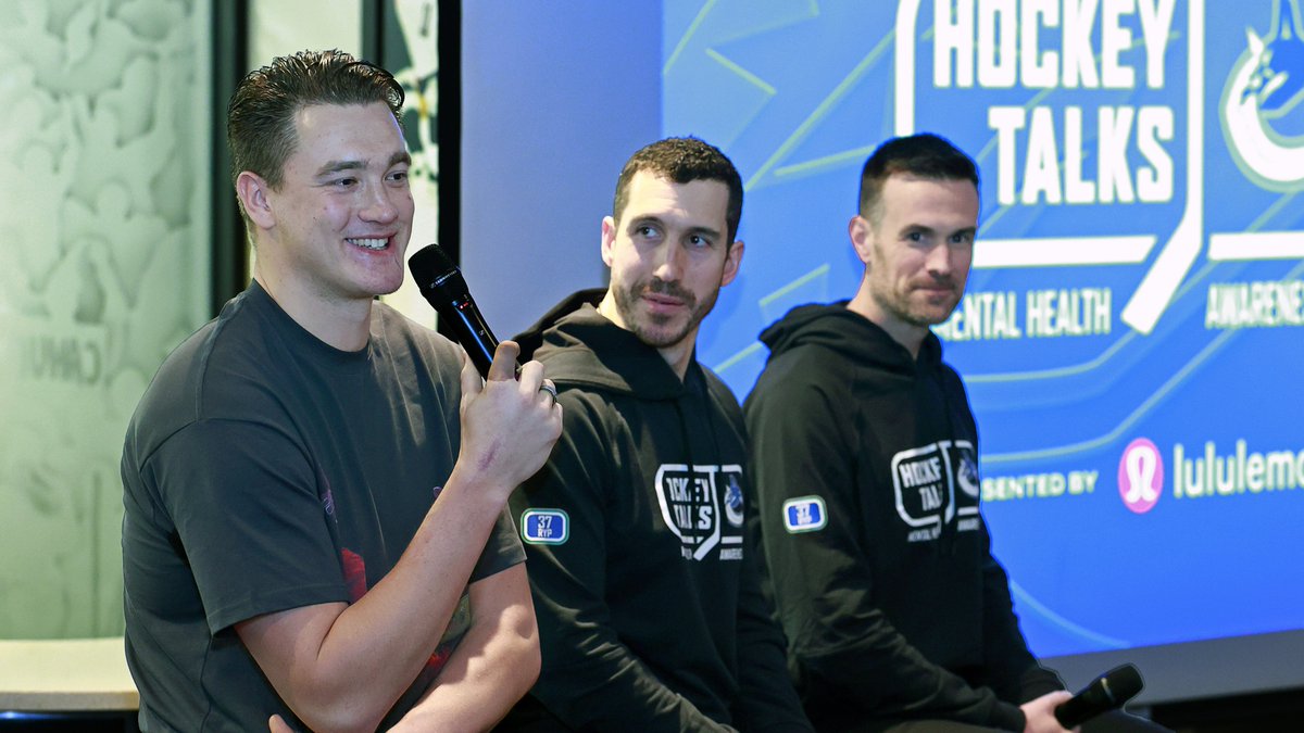 In honour of tomorrow's Hockey Talks game, the #Canucks hosted 60 minor hockey players and their coaches for a special event with Foundry BC to hear from Wes Rypien, Nikita Zadorov, and team performance coaches Mark Cesari and Alex Hodgins to discuss mental health and wellbeing…