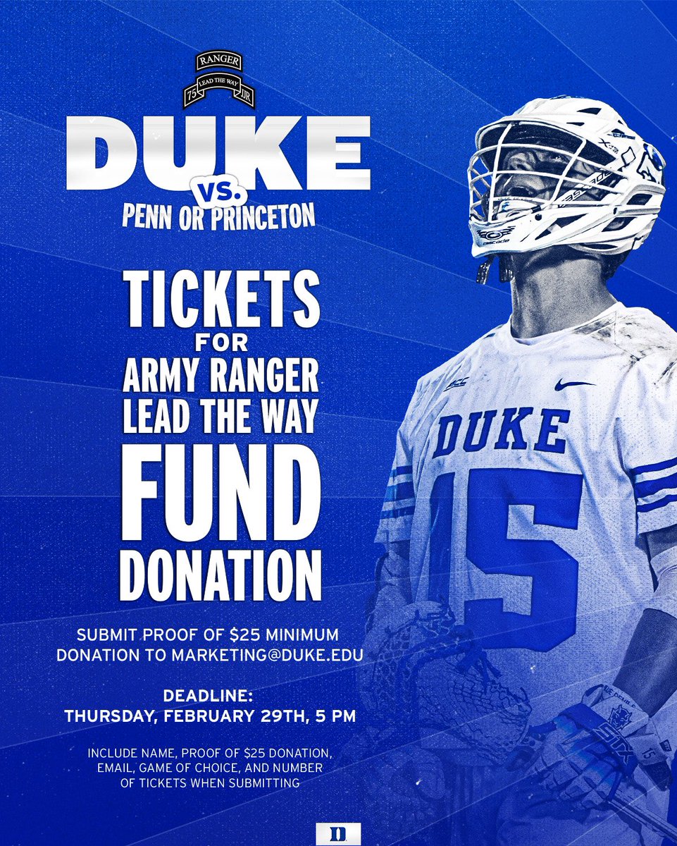 Duke Men's Lacrosse (@dukemlax) on Twitter photo Honor the life and legacy of our own Jimmy Regan by supporting <a href="/LeadTheWayFund/">Army Ranger</a> while watching some top 20 match ups!
The deadline to email all applicable information to marking@duke.edu is Thursday, February 29 at 5 p.m.
#GoDuke Honor the life and legacy of our own Jimmy Regan by supporting <a href="/LeadTheWayFund/">Army Ranger</a> while watching some top 20 match ups!
The deadline to email all applicable information to marking@duke.edu is Thursday, February 29 at 5 p.m.
#GoDuke