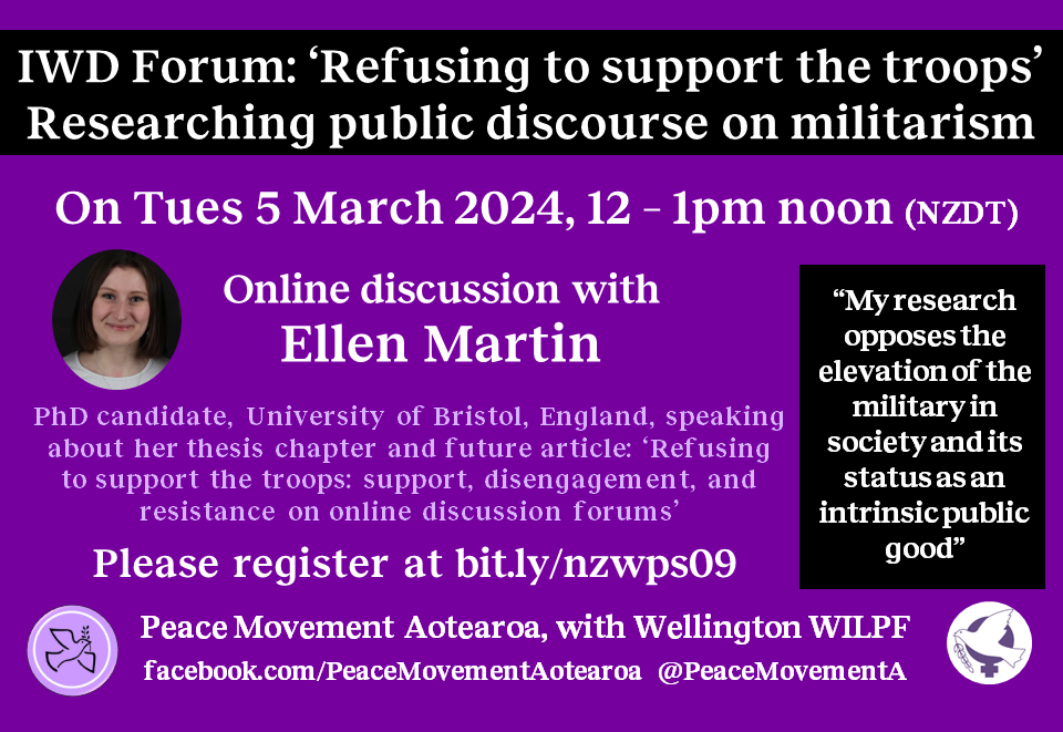 Join our #IWD2024 forum on #EverydayMilitarism 👉bit.ly/nzwp09 #FeministPeace #WPS @ncwnz @CWSNZ @talei_luscia @diva4equality @AkWomensCentre @FemPRNetwork @wpscoalition @MarnieLloydd @AKPeaceAction @YWILPFPeace @daniphilipson @rn_wps @ngowgwps @pacfemcop  @WeavingHouse