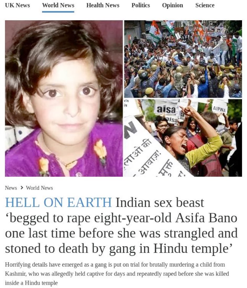 AsianDigest's tweet photo. Never Forget 6 Years old Kashmiri Muslim Child Asifa was kidnapped and held Hostage in a Temple in Jammu India. She was raped by the Temple Priest a Policeman and few others was murdered and the Hindu lawyers tooj out a rally in support of the perpetrators https://t.co/Fbo3BieZvs